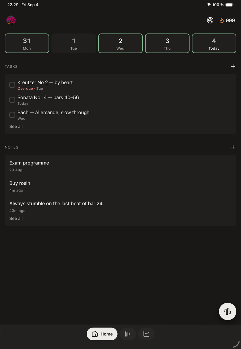 The Rehearsio home screen: a streak, the week’s days, tasks and notes