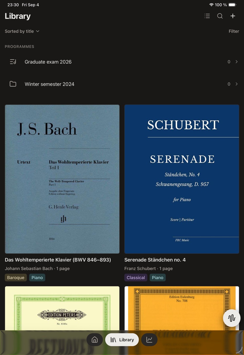 The Rehearsio library: Bach, Schubert, Beethoven and Tchaikovsky as their published covers, with tags and programmes