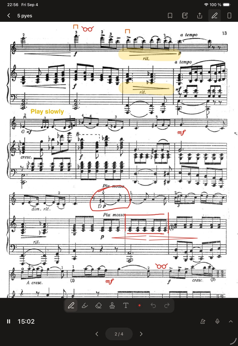 A page of Gara Garayev's 5 Pieces open in Rehearsio, marked up in pencil and highlighter