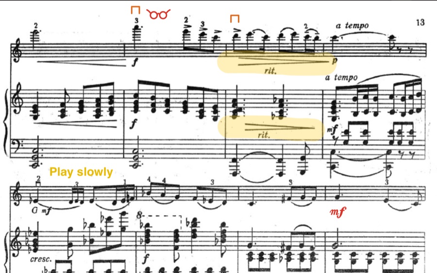 Bowings, a highlighted ritardando and a written reminder, pencilled onto a score